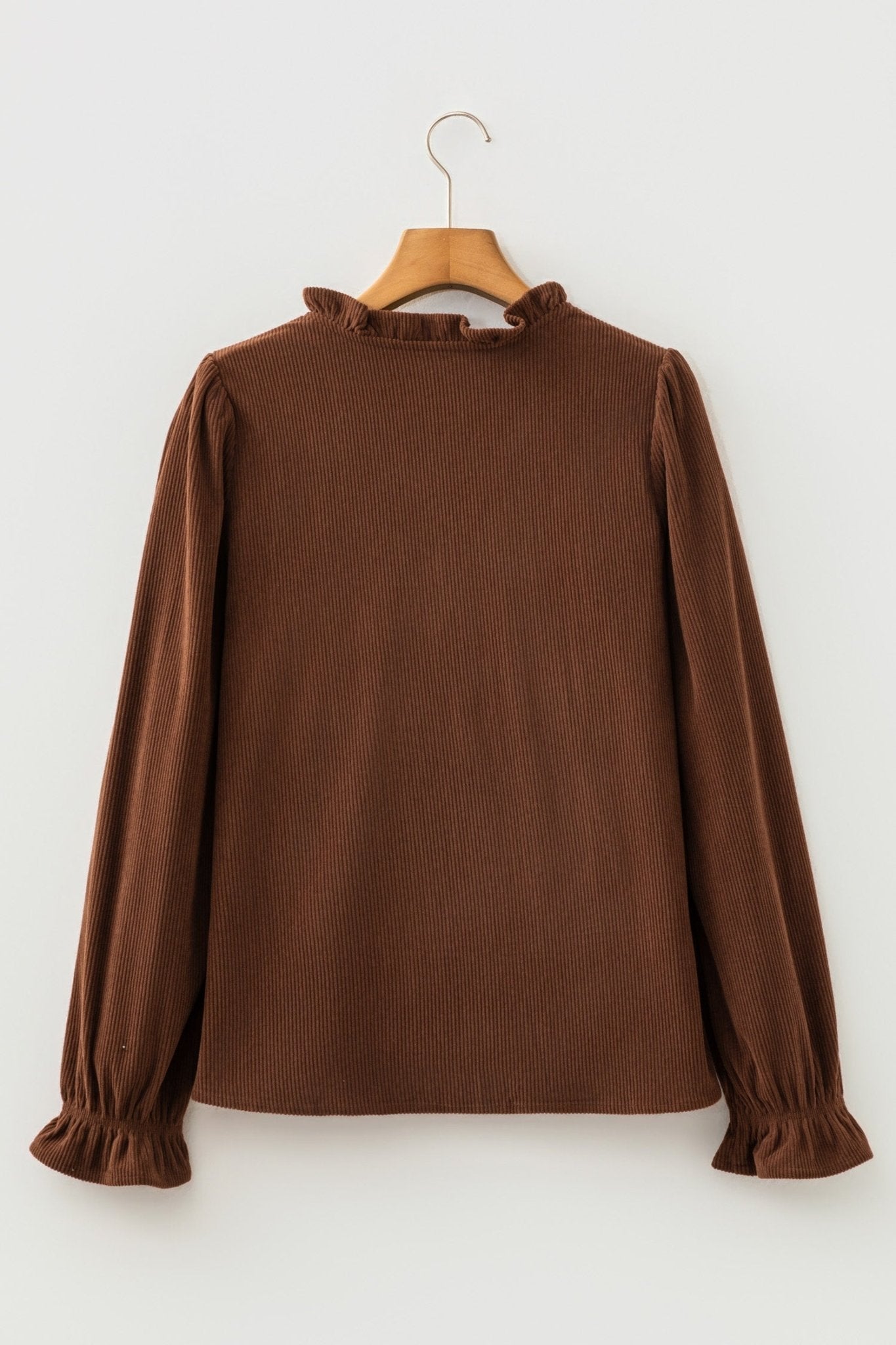 Solid Ruffle Trim V-Neck Long Sleeve Corduroy Shacket - Rooted & Reckless Co.
