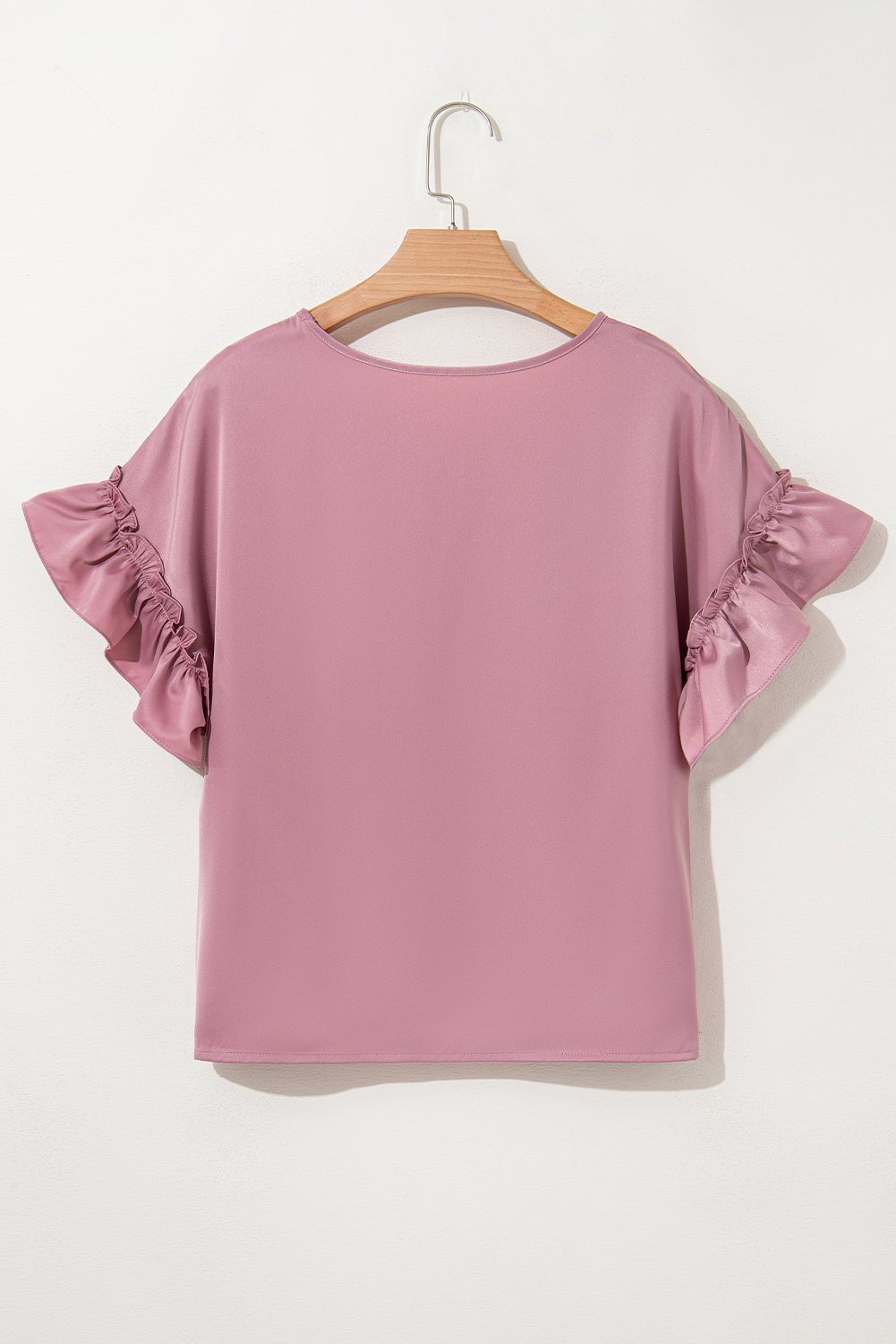 Solid Satin Ruffle Short Sleeve V-Neck Top - Rooted & Reckless Co.