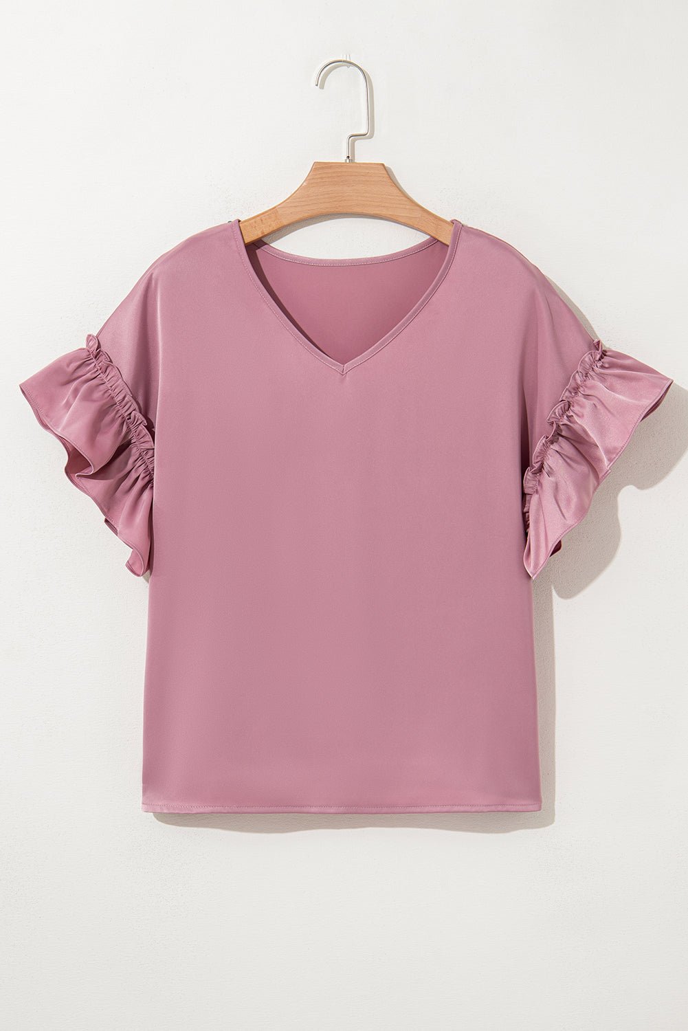 Solid Satin Ruffle Short Sleeve V-Neck Top - Rooted & Reckless Co.