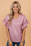 Solid Satin Ruffle Short Sleeve V-Neck Top - Rooted & Reckless Co.