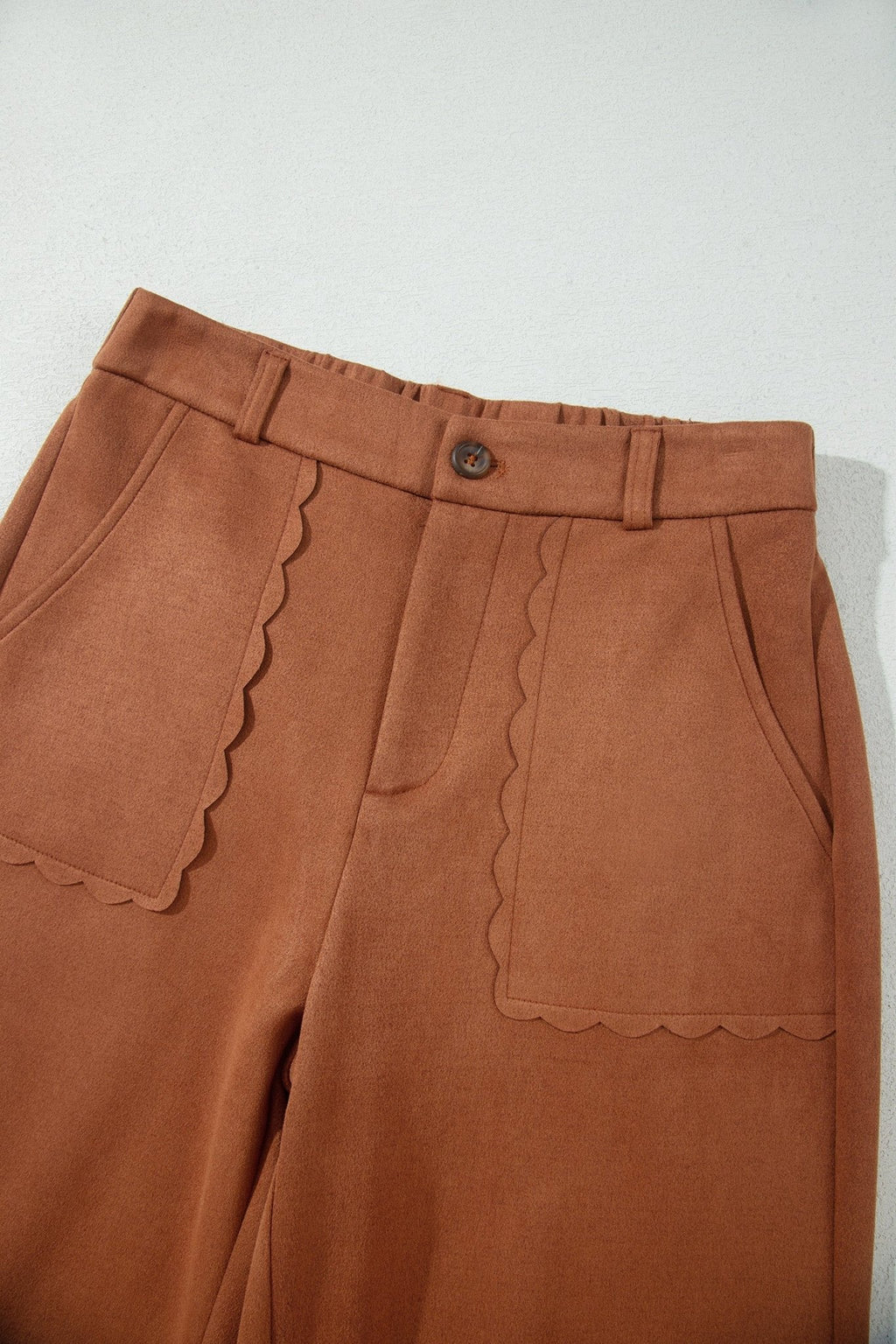 Solid Scalloped Edge Pocketed High Waist Pants - Rooted & Reckless Co.