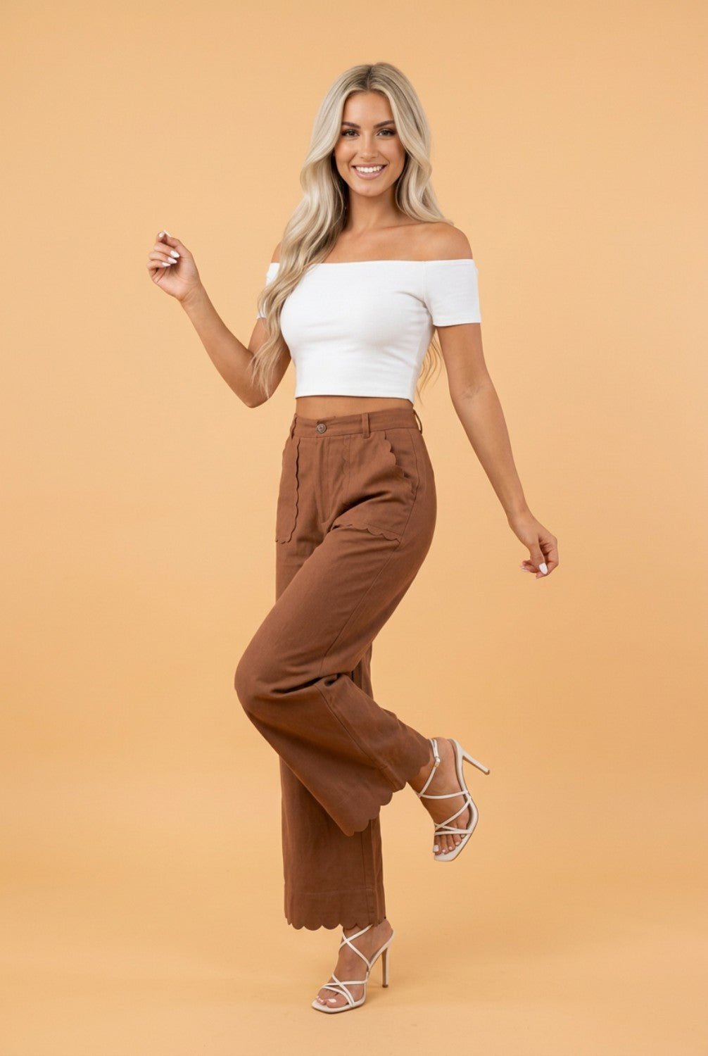 Solid Scalloped Edge Pocketed High Waist Pants - Rooted & Reckless Co.