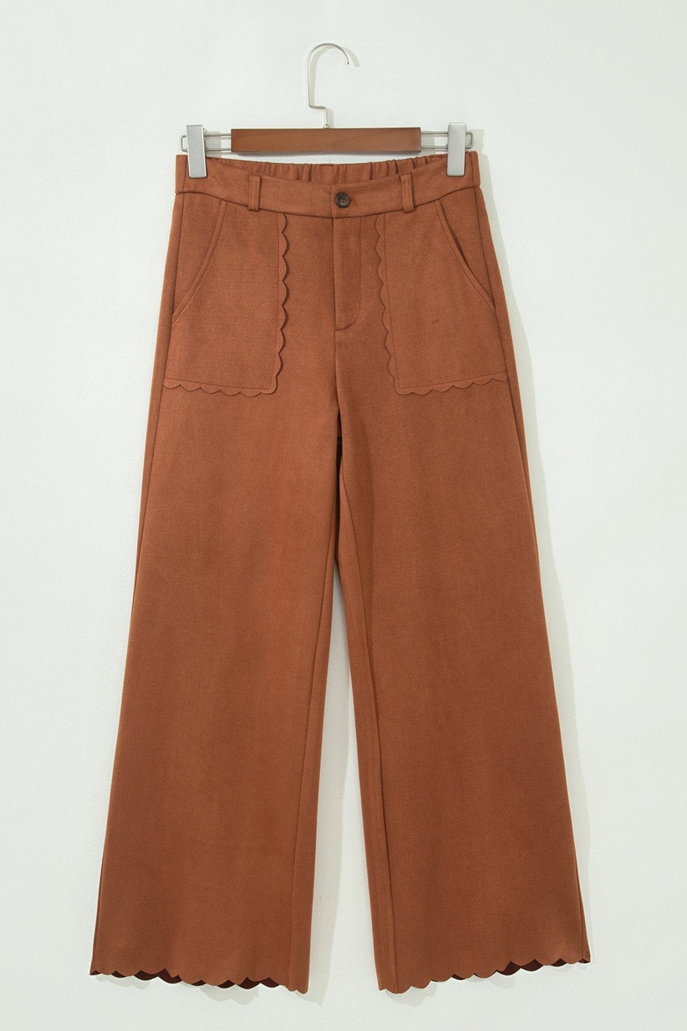 Solid Scalloped Edge Pocketed High Waist Pants - Rooted & Reckless Co.