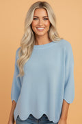 Solid Scalloped Hem 3/4 Sleeve Sweater Top - Rooted & Reckless Co.