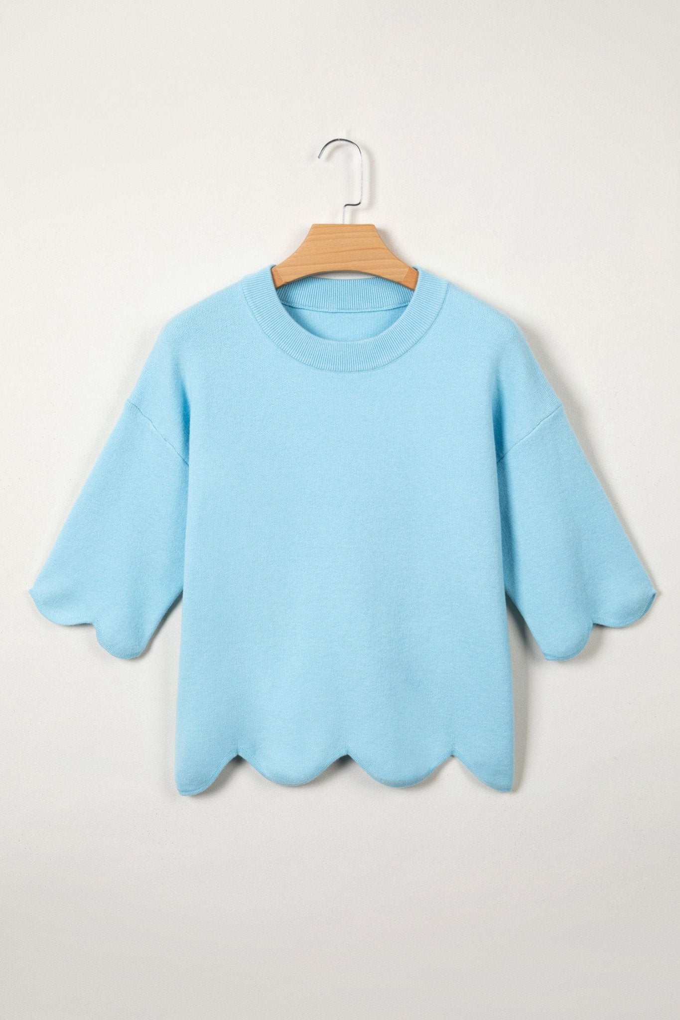 Solid Scalloped Hem 3/4 Sleeve Sweater Top - Rooted & Reckless Co.