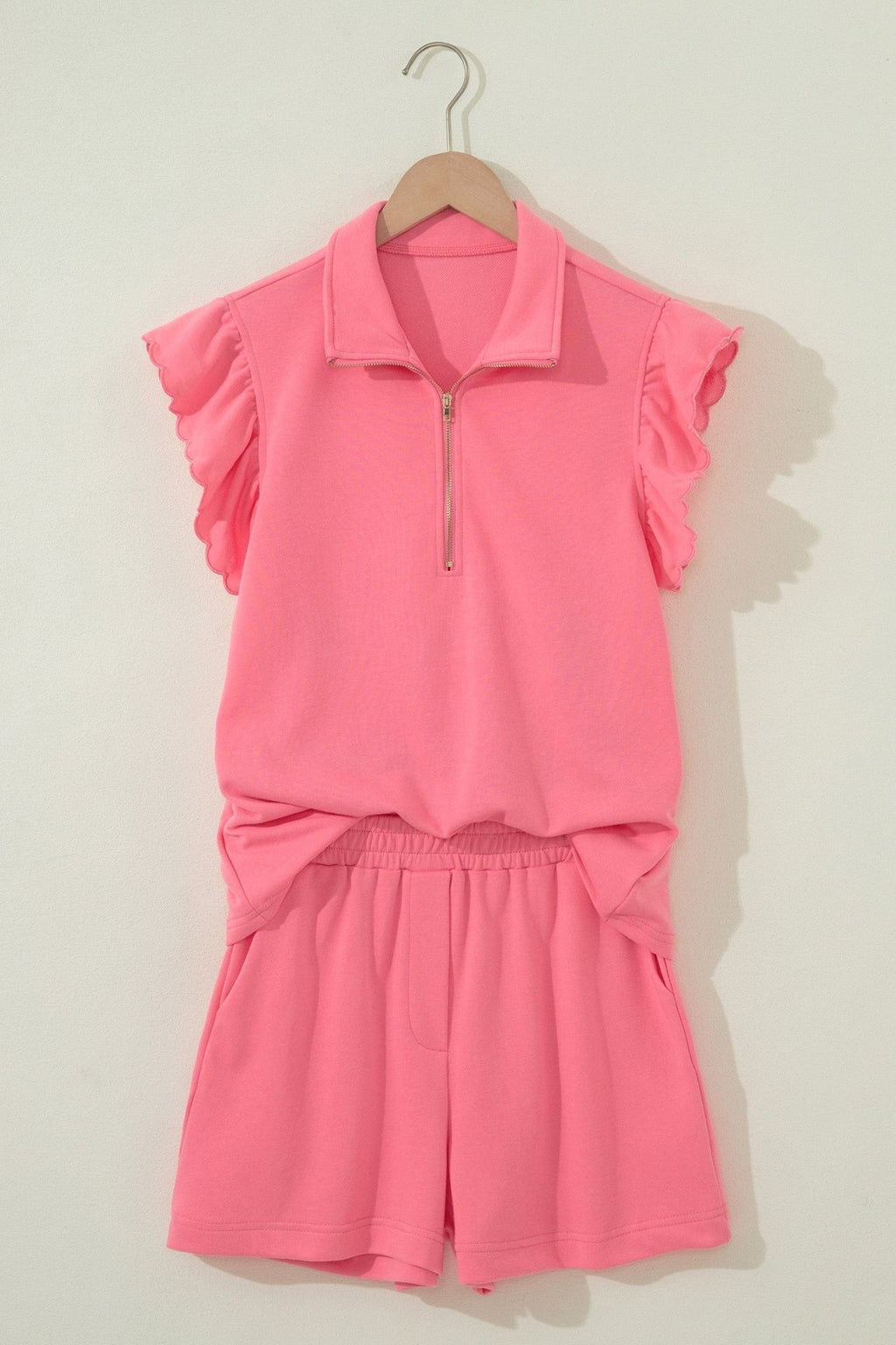 Solid Scalloped Ruffle Half Zip Top & Short Set - Rooted & Reckless Co.
