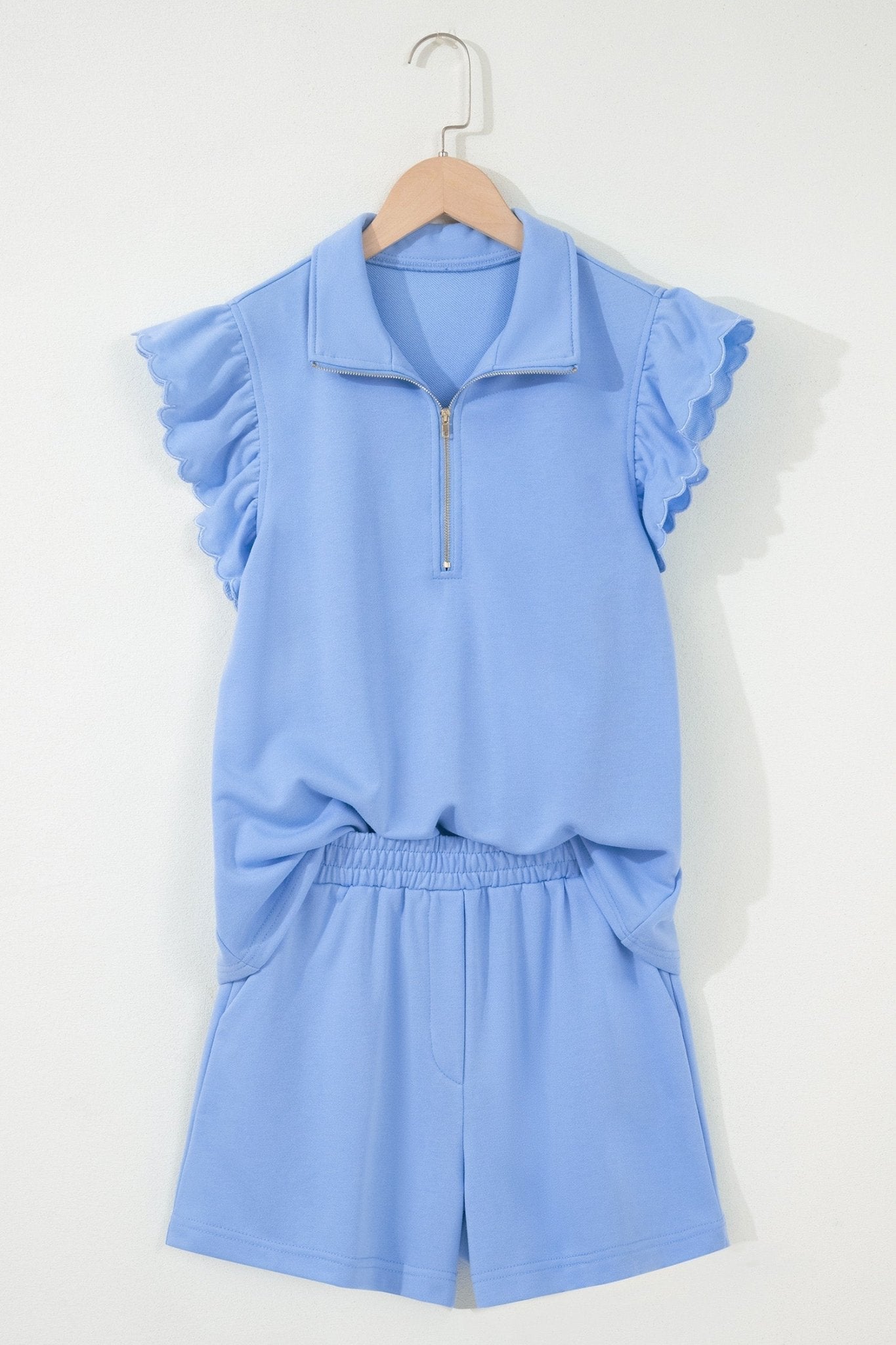 Solid Scalloped Ruffle Half Zip Top & Short Set - Rooted & Reckless Co.