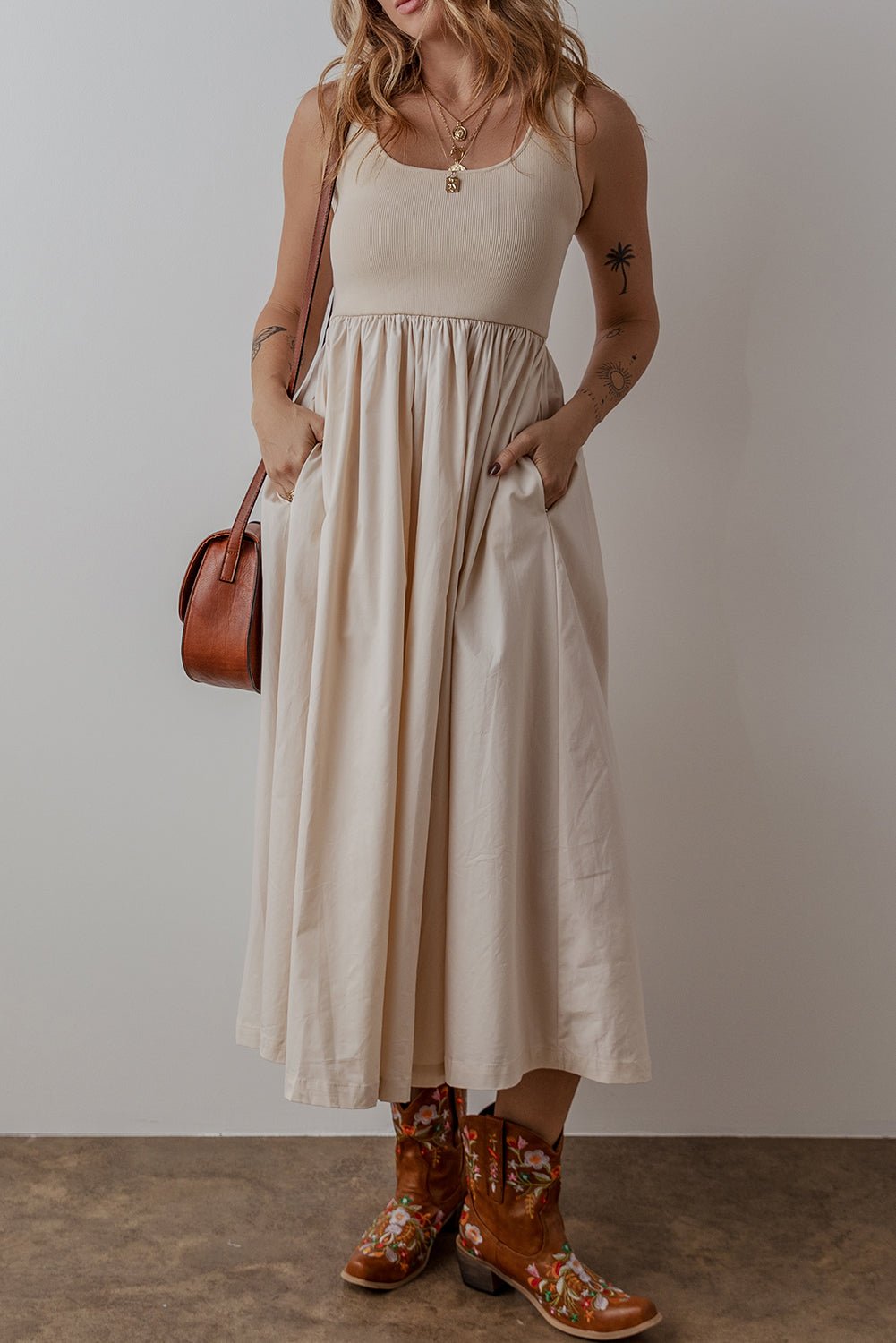 Solid Scoop Neck Ribbed Bodice Pleated Maxi Dress - Rooted & Reckless Co.
