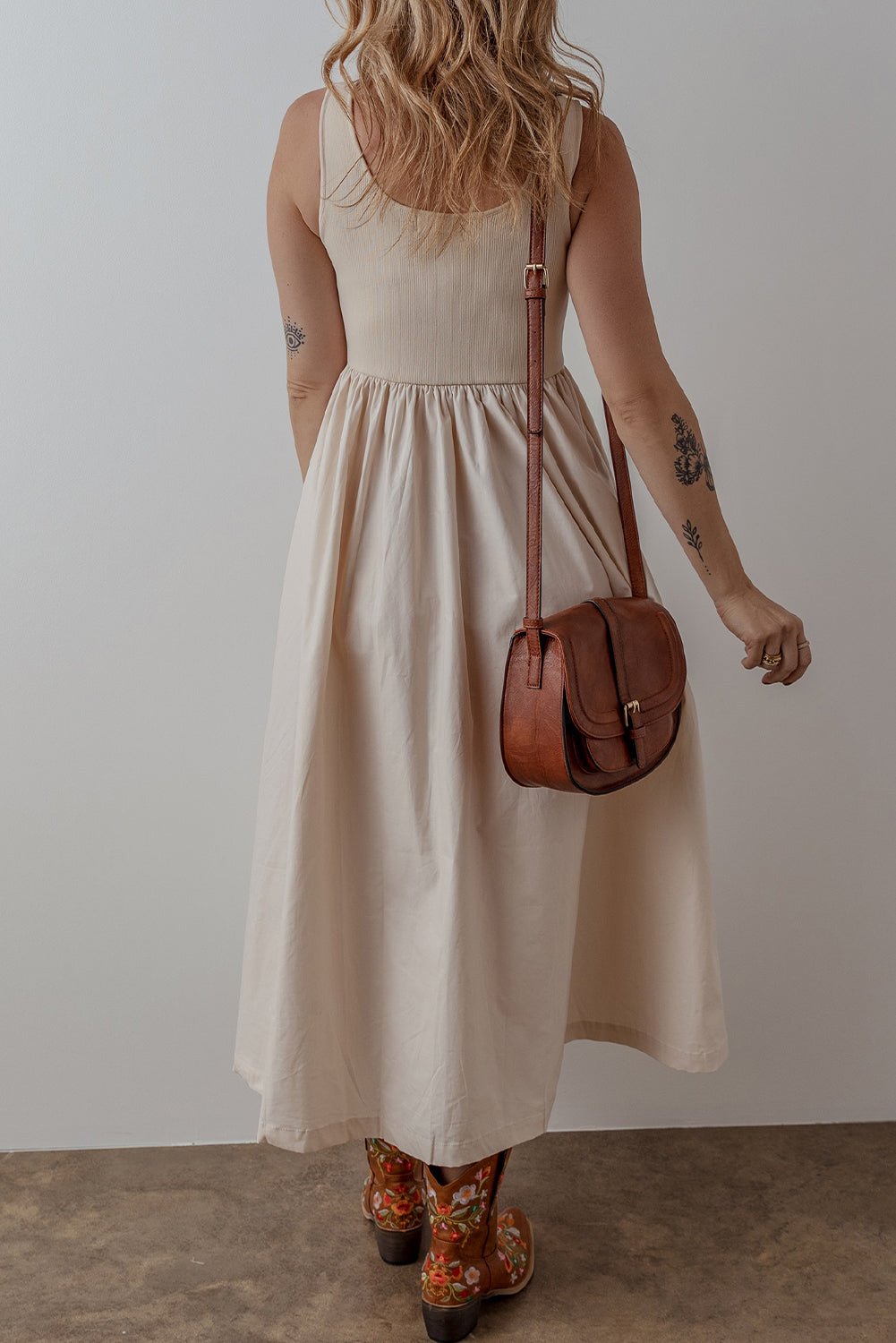 Solid Scoop Neck Ribbed Bodice Pleated Maxi Dress - Rooted & Reckless Co.
