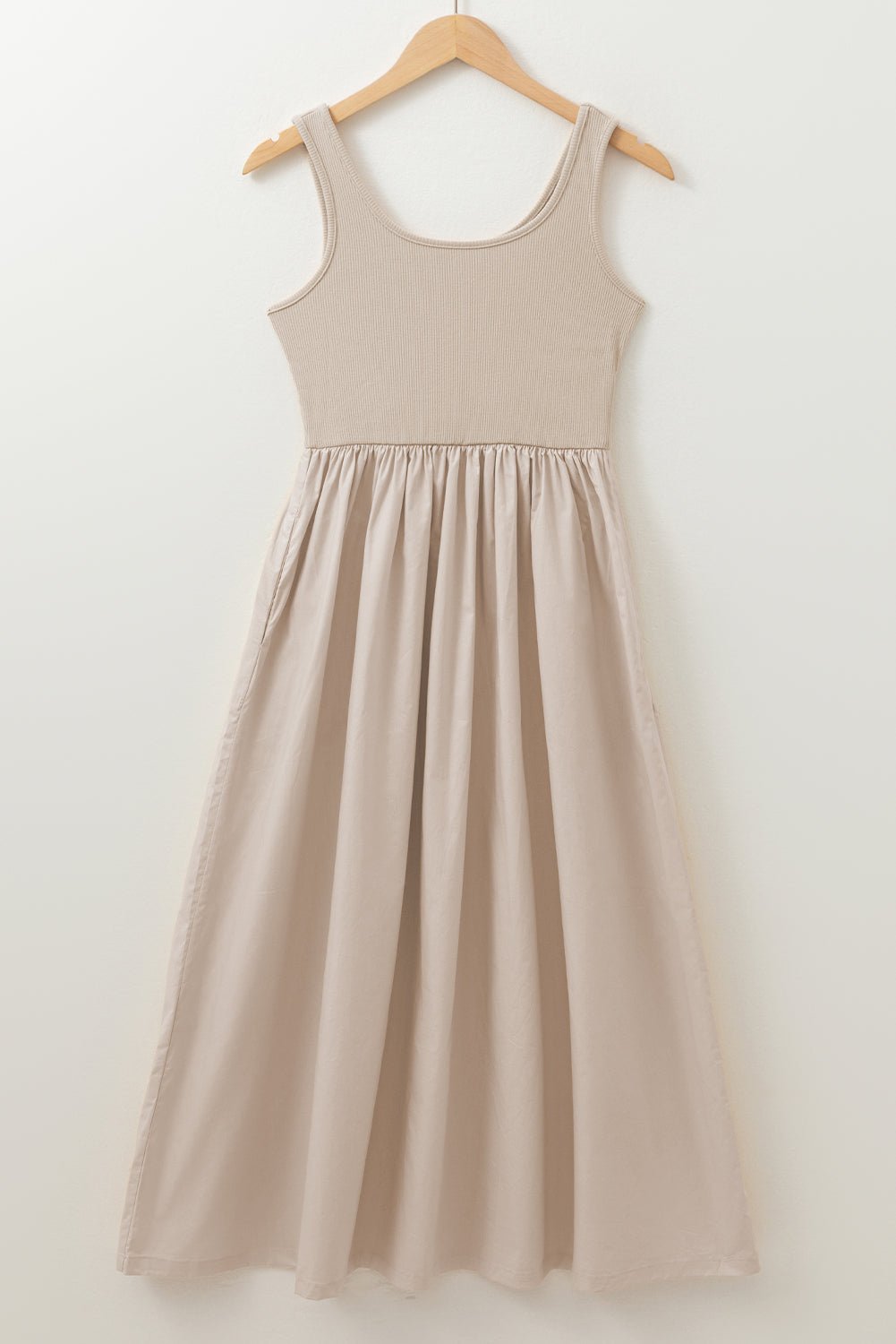 Solid Scoop Neck Ribbed Bodice Pleated Maxi Dress - Rooted & Reckless Co.
