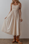 Solid Scoop Neck Ribbed Bodice Pleated Maxi Dress - Rooted & Reckless Co.
