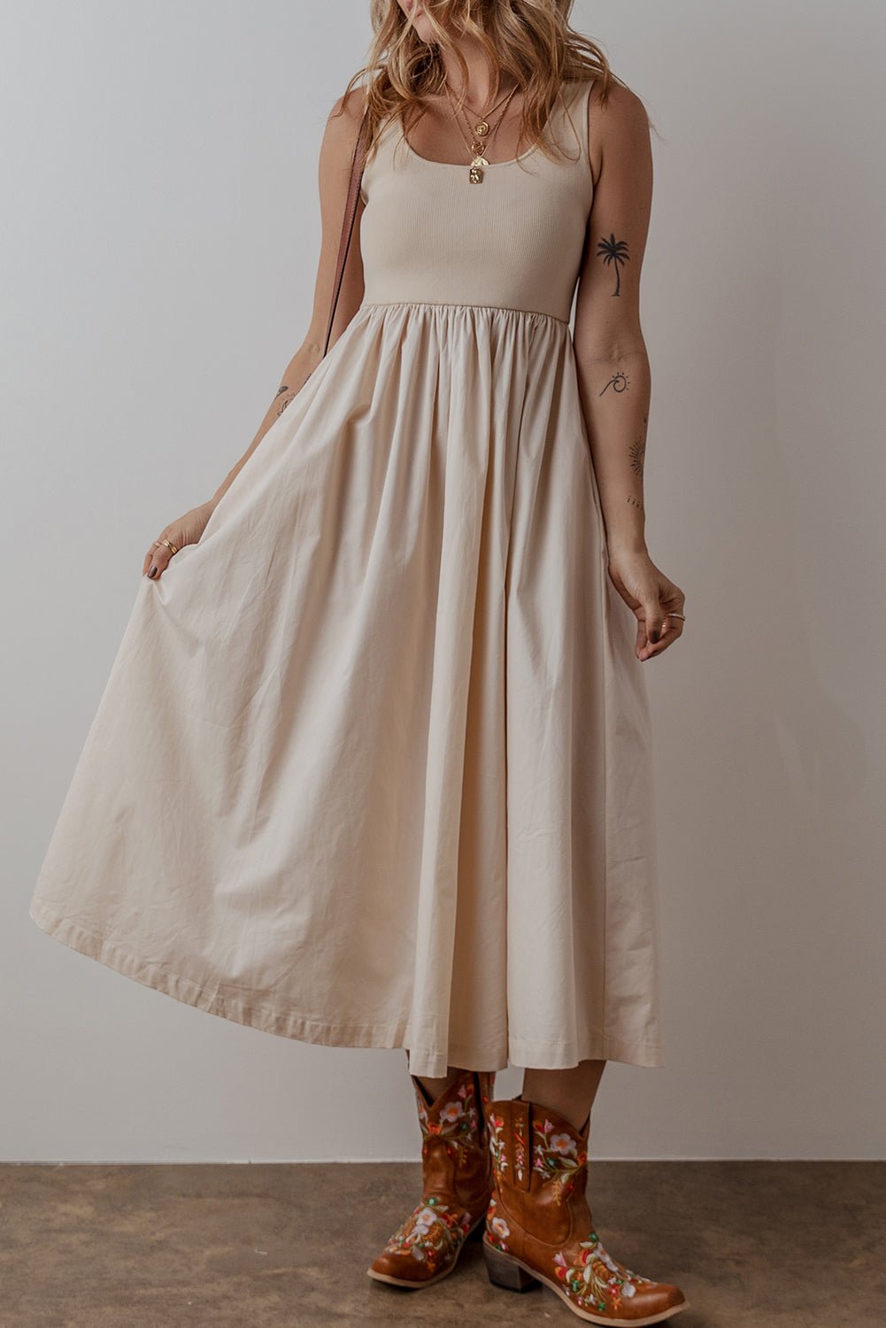 Solid Scoop Neck Ribbed Bodice Pleated Maxi Dress - Rooted & Reckless Co.