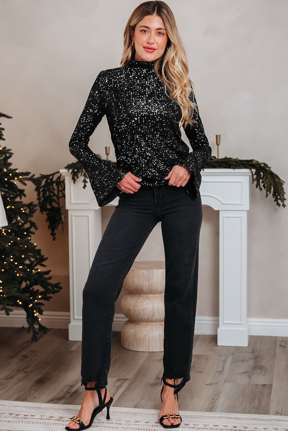Solid Sequin Backless Bell Sleeve Top - Rooted & Reckless Co.