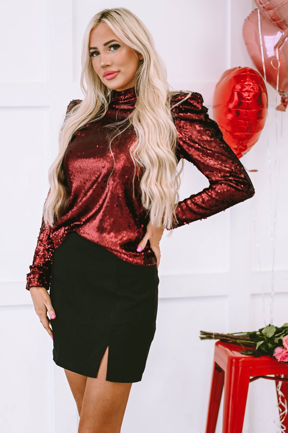 Solid Sequin Mock Neck Long Sleeve Top - Rooted & Reckless Co.