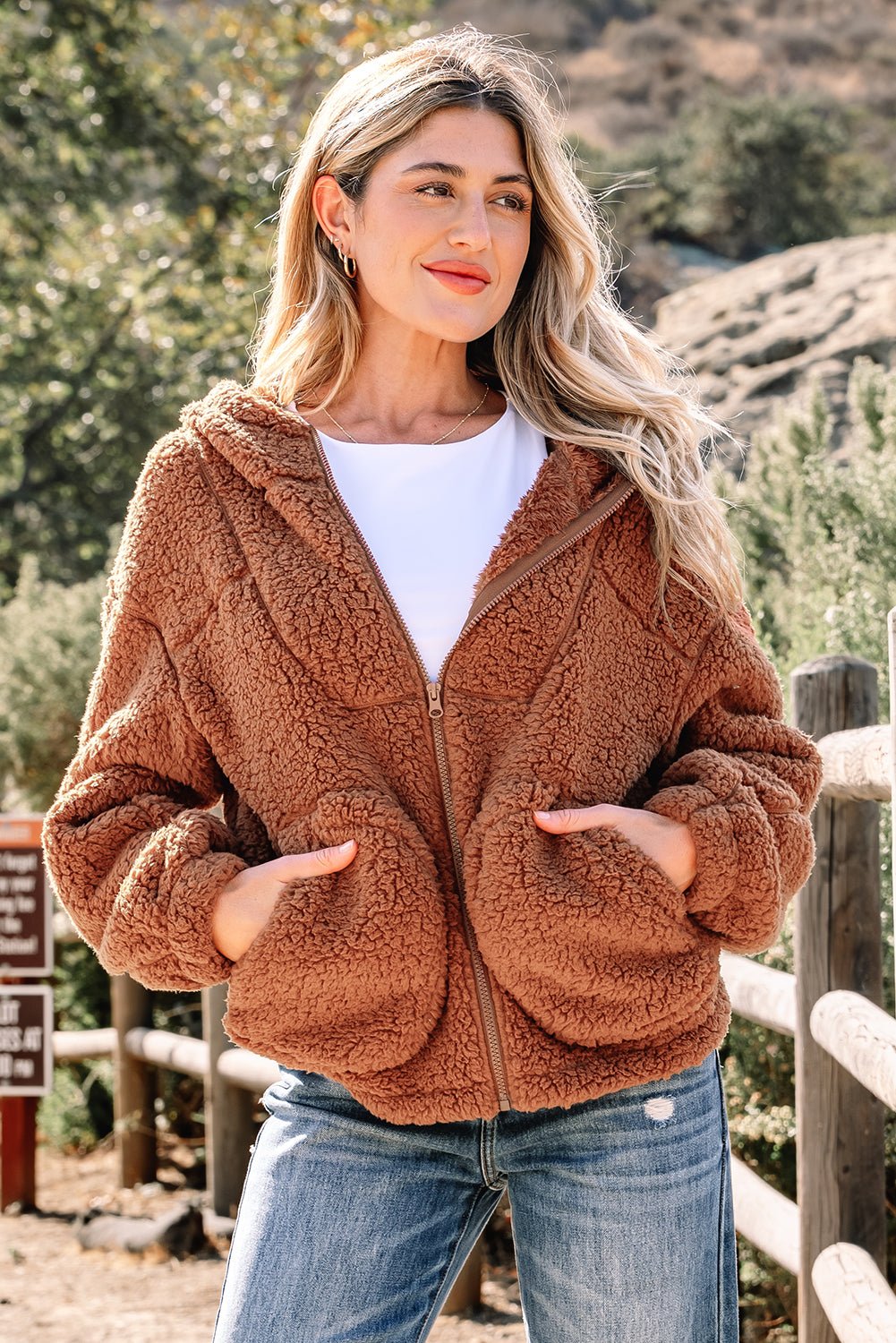 Solid Sherpa Fleece Zip Up Hooded Jacket - Rooted & Reckless Co.