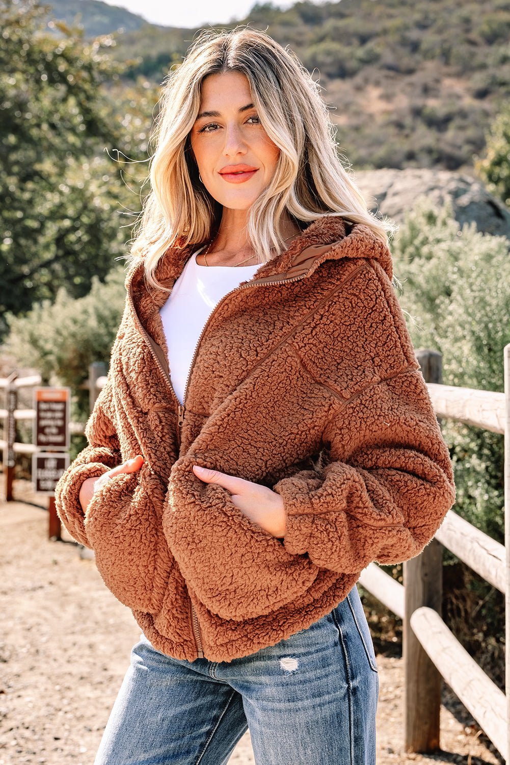 Solid Sherpa Fleece Zip Up Hooded Jacket - Rooted & Reckless Co.