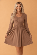 Solid Shirred Cuff Long Sleeve Buttoned Mini Dress - Rooted & Reckless Co.