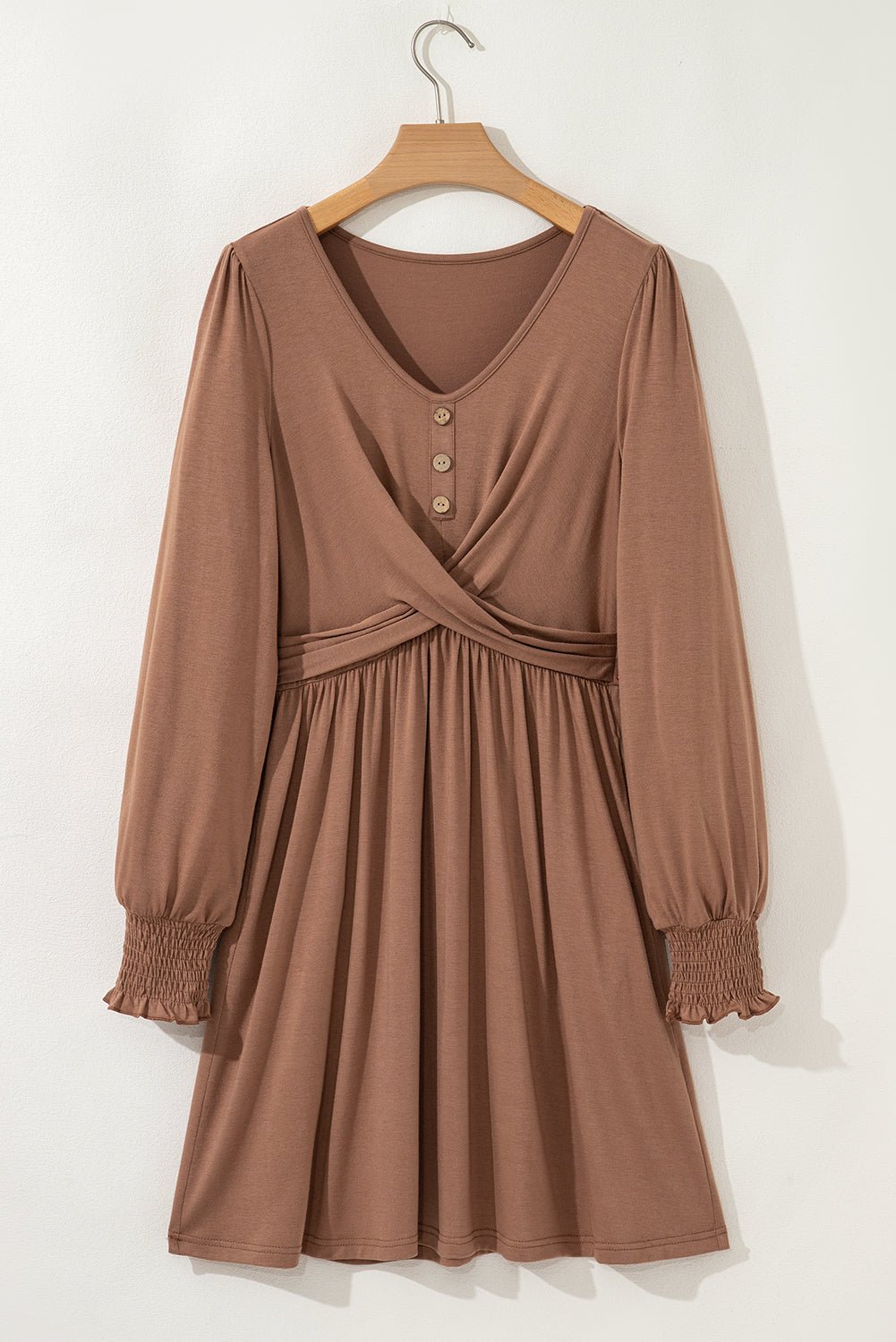Solid Shirred Cuff Long Sleeve Buttoned Mini Dress - Rooted & Reckless Co.
