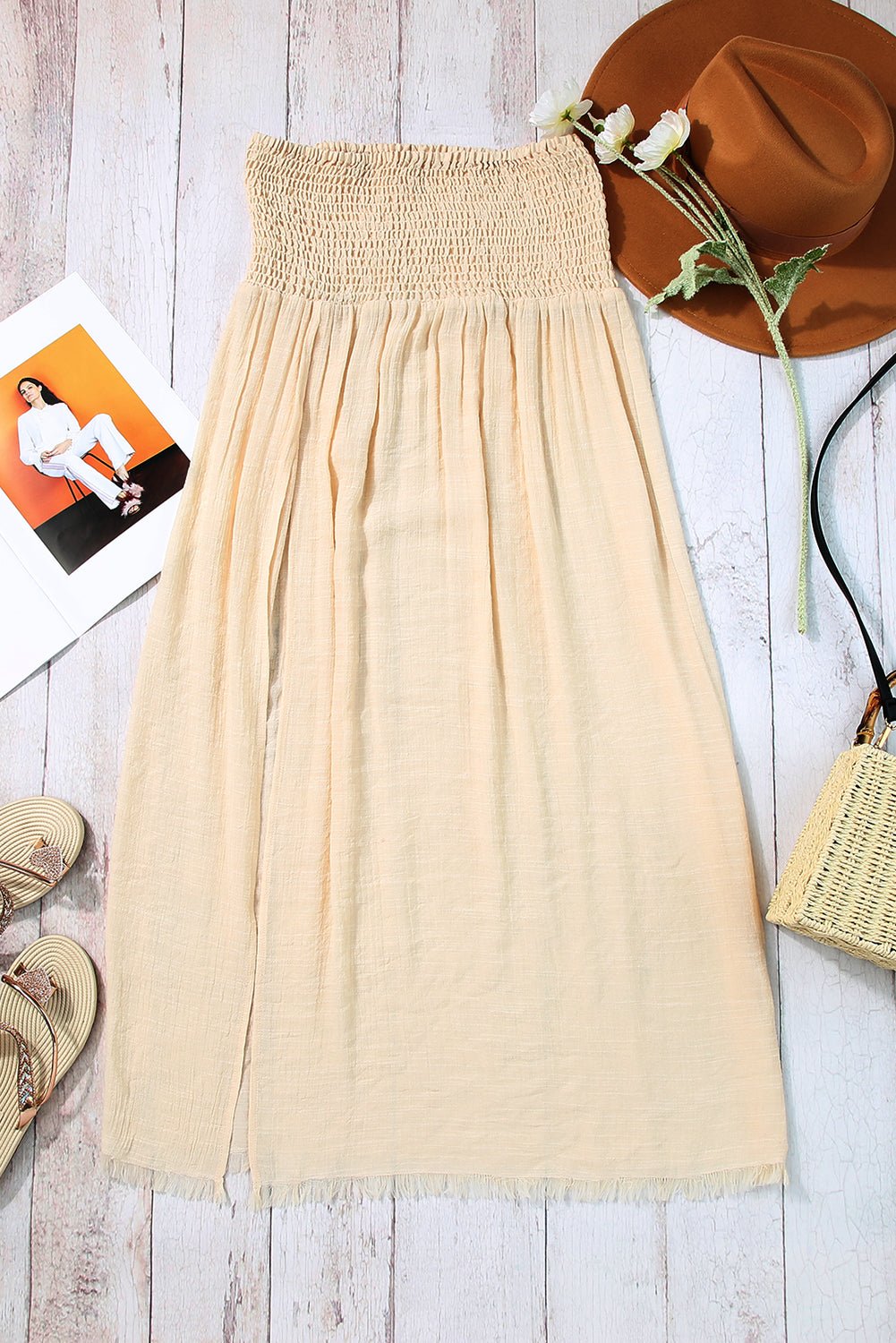 Solid Shirred High Waist Side Slit Beach Maxi Skirt - Rooted & Reckless Co.