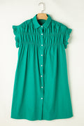 Solid Shirred Ruffle Sleeve Buttoned Mini Dress - Rooted & Reckless Co.
