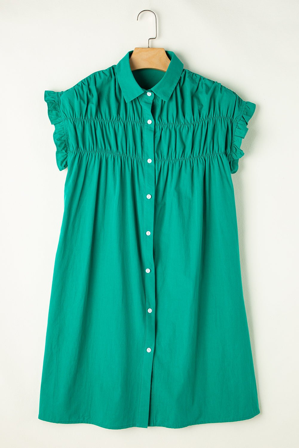 Solid Shirred Ruffle Sleeve Buttoned Mini Dress - Rooted & Reckless Co.