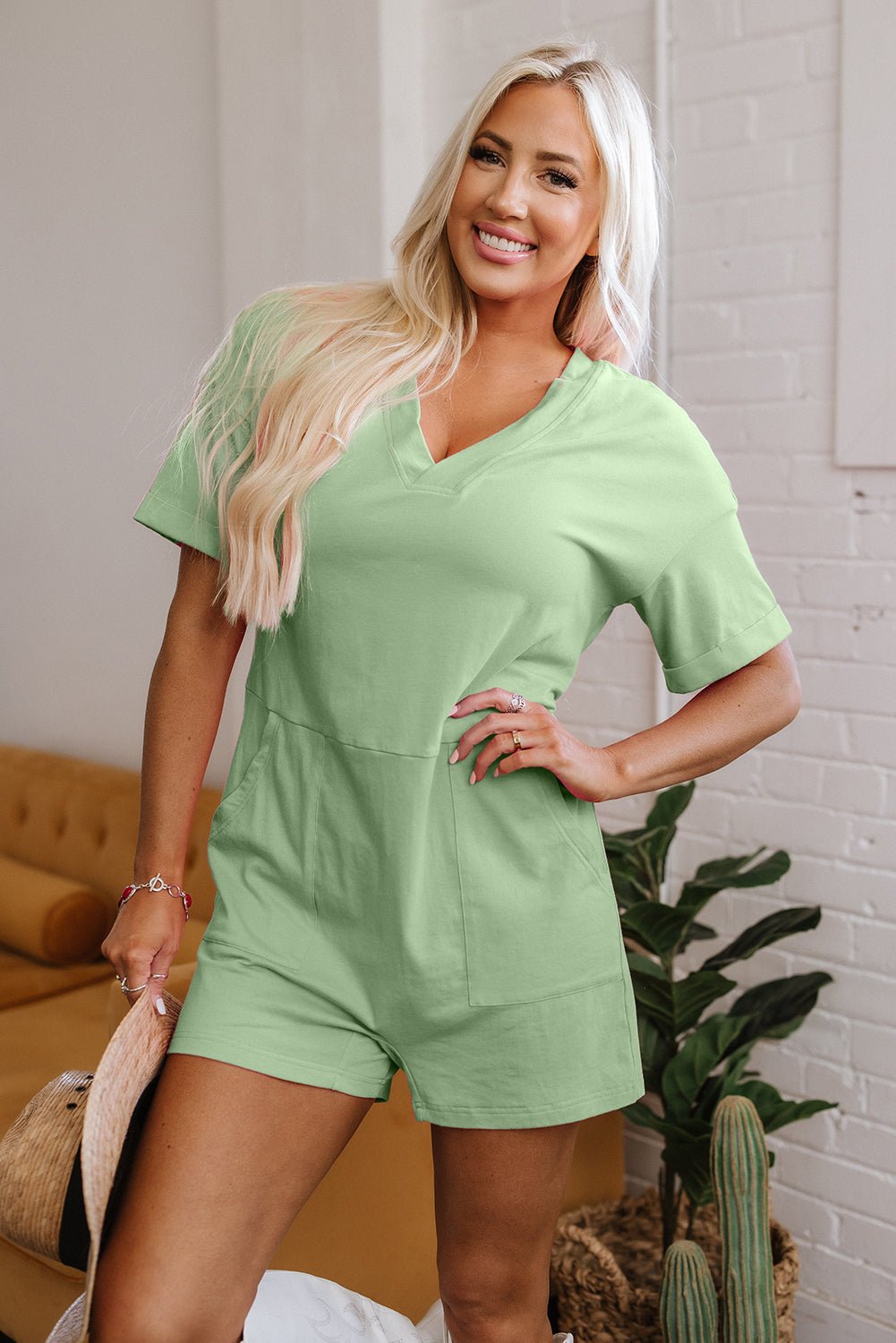 Solid Short Sleeve V-Neck Knit Romper - Rooted & Reckless Co.
