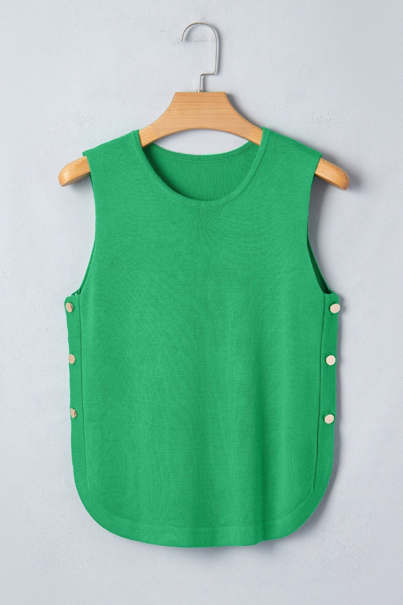 Solid Side Button Round Neck Sleeveless Knit Sweater - Rooted & Reckless Co.