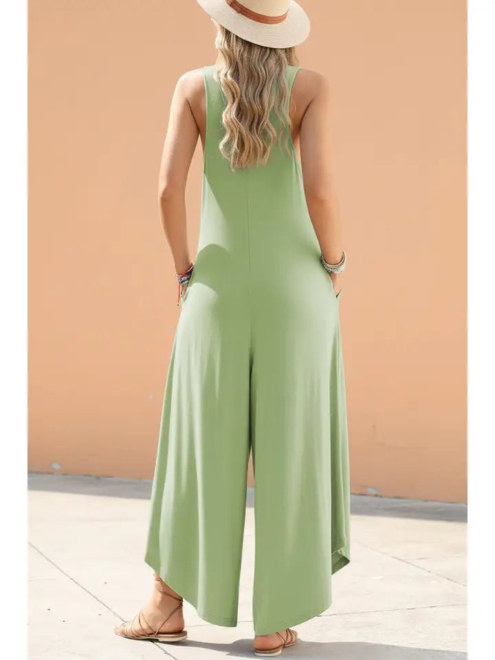 Solid Sleeveless V-Neck Wide Leg Jumpsuit - Rooted & Reckless Co.