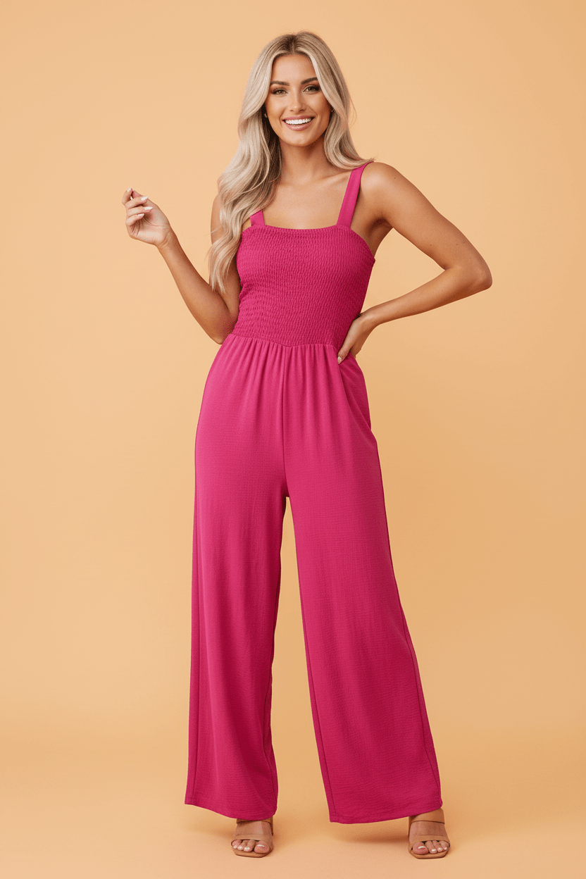 Solid Smocked Square Neck Sleeveless Jumpsuit - Rooted & Reckless Co.