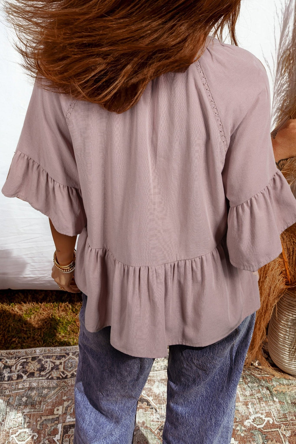 Solid Split V-Neck Ruffle Sleeve Peplum Blouse - Rooted & Reckless Co.