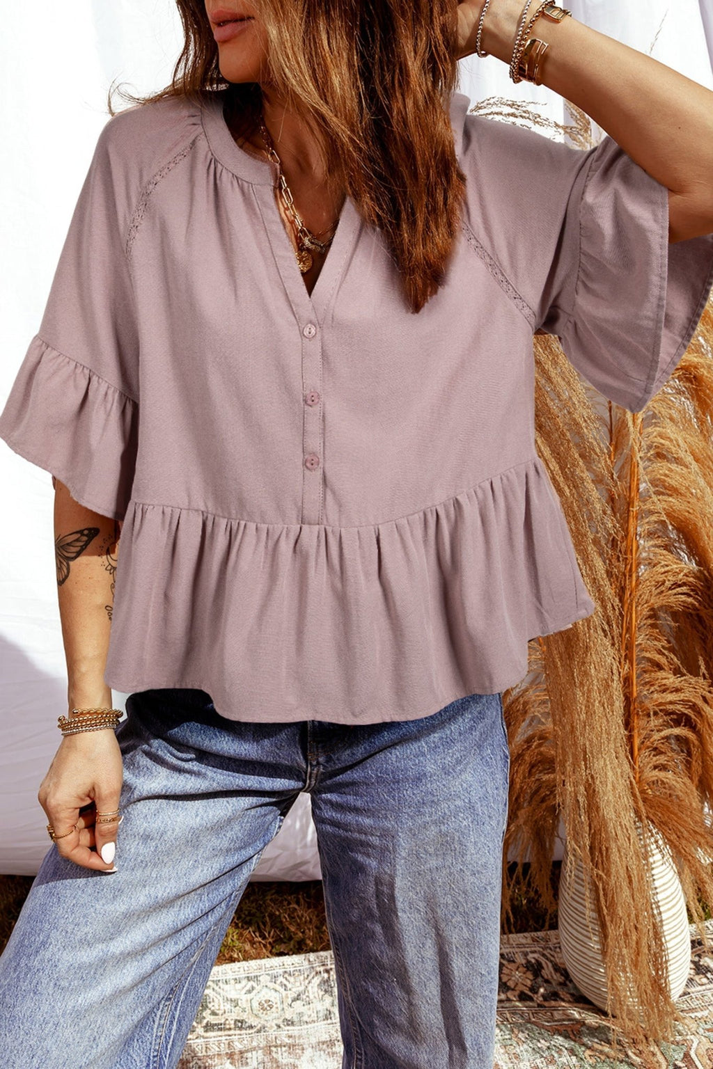 Solid Split V-Neck Ruffle Sleeve Peplum Blouse - Rooted & Reckless Co.
