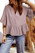 Solid Split V-Neck Ruffle Sleeve Peplum Blouse - Rooted & Reckless Co.