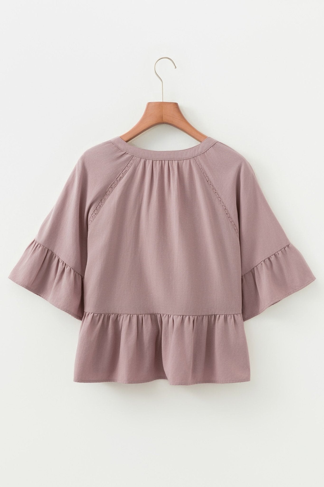 Solid Split V-Neck Ruffle Sleeve Peplum Blouse - Rooted & Reckless Co.