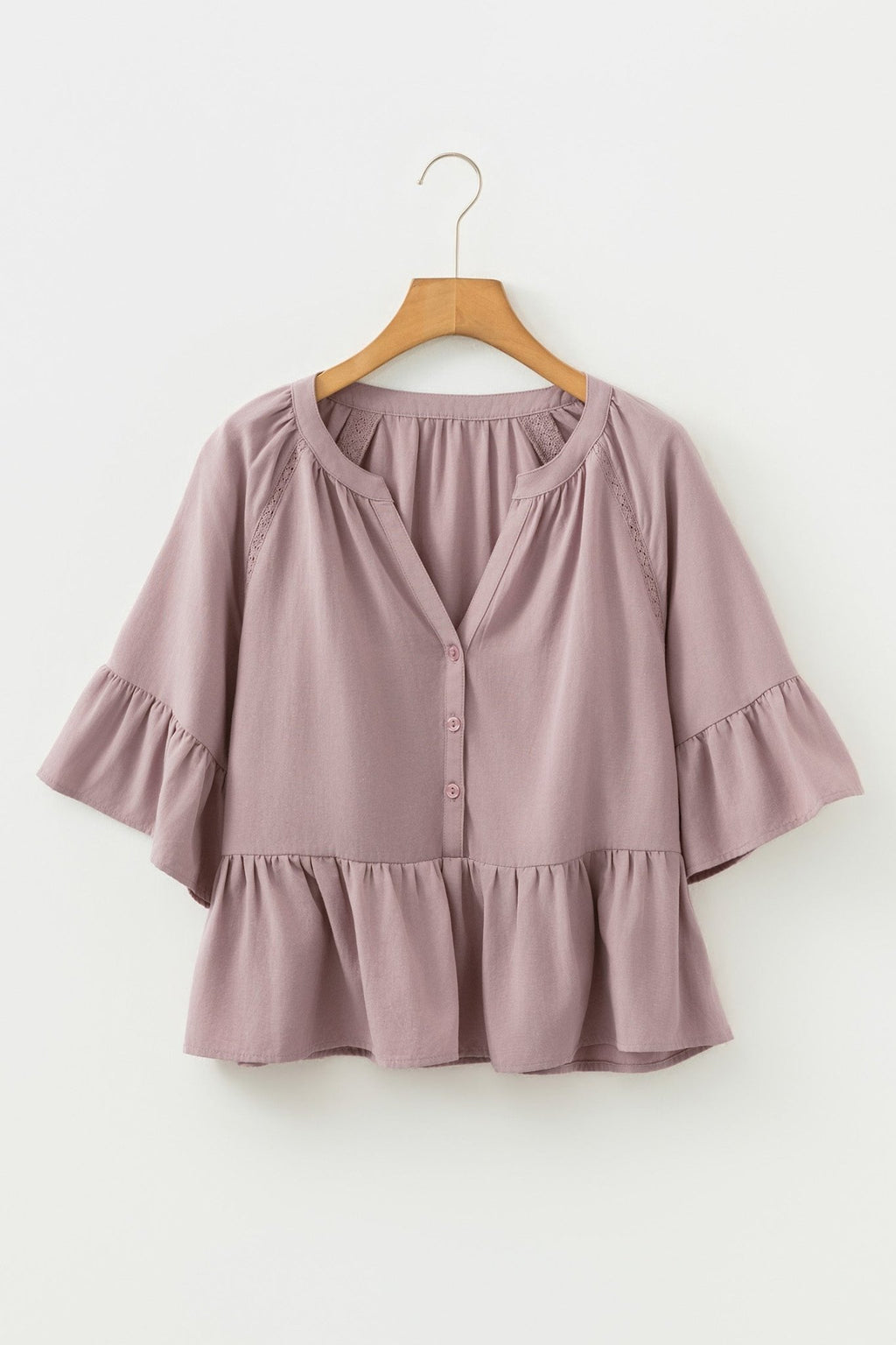Solid Split V-Neck Ruffle Sleeve Peplum Blouse - Rooted & Reckless Co.