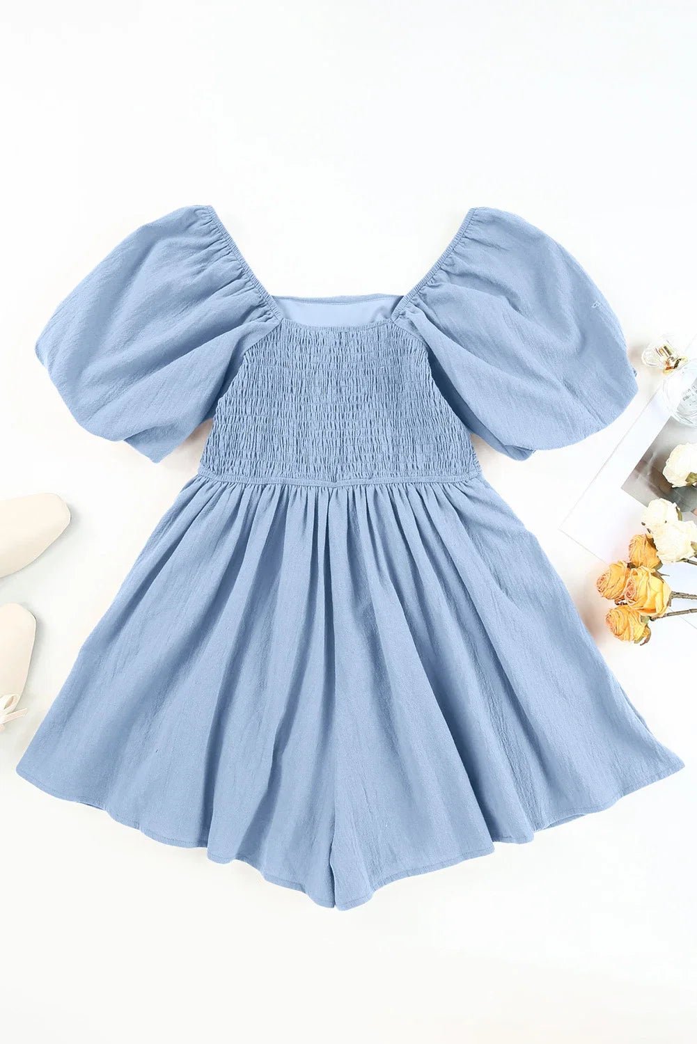 Solid Square Neck Ruched Puff Sleeve Romper - Rooted & Reckless Co.
