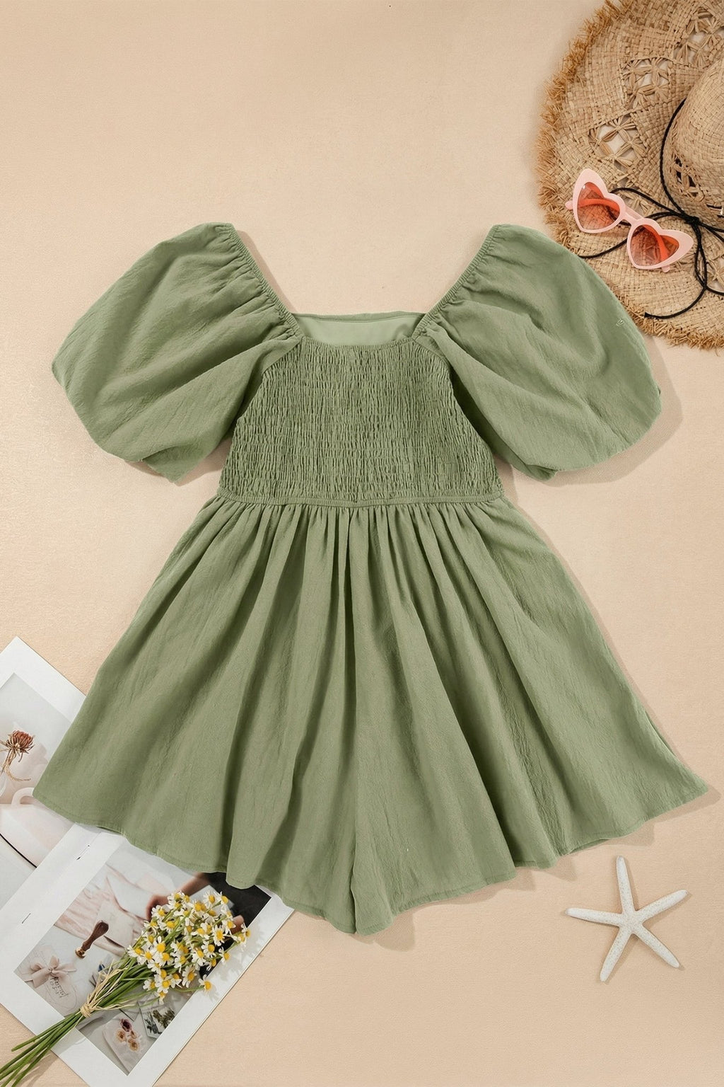 Solid Square Neck Ruched Puff Sleeve Romper - Rooted & Reckless Co.