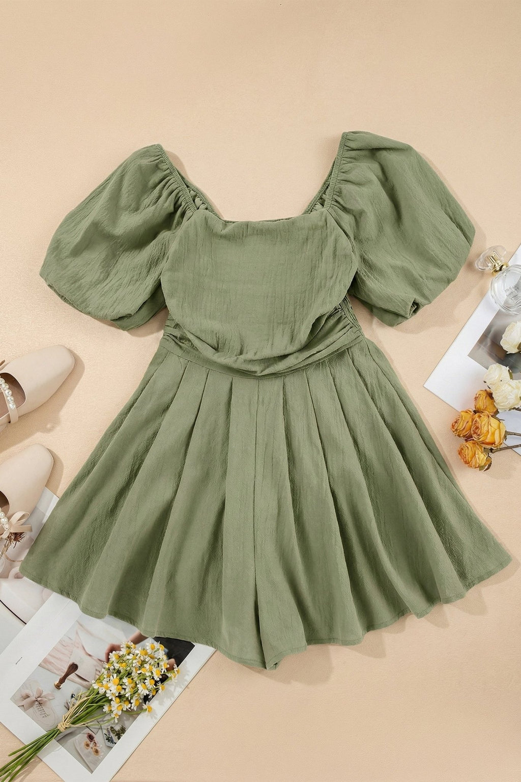 Solid Square Neck Ruched Puff Sleeve Romper - Rooted & Reckless Co.