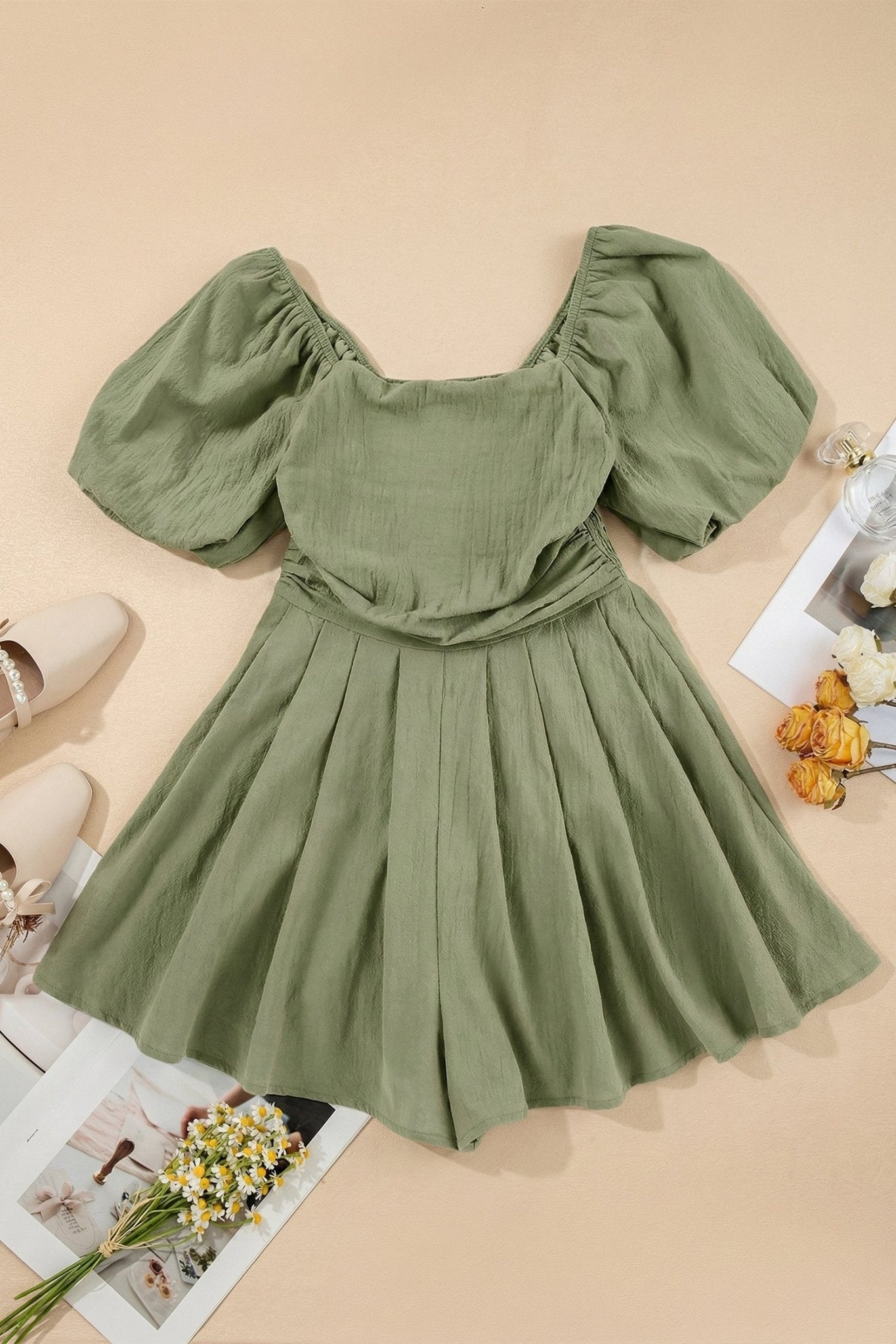 Solid Square Neck Ruched Puff Sleeve Romper - Rooted & Reckless Co.