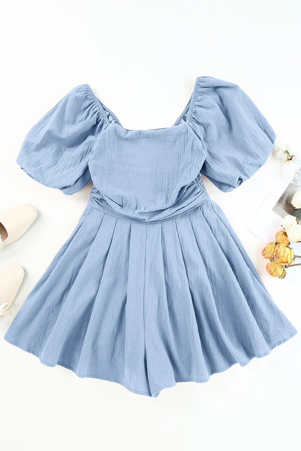 Solid Square Neck Ruched Puff Sleeve Romper - Rooted & Reckless Co.
