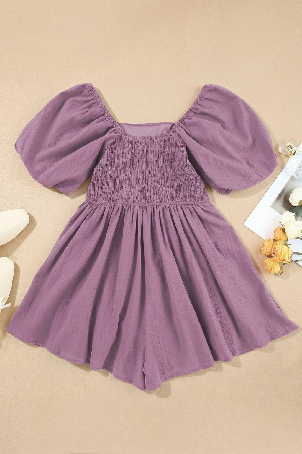 Solid Square Neck Ruched Puff Sleeve Romper - Rooted & Reckless Co.