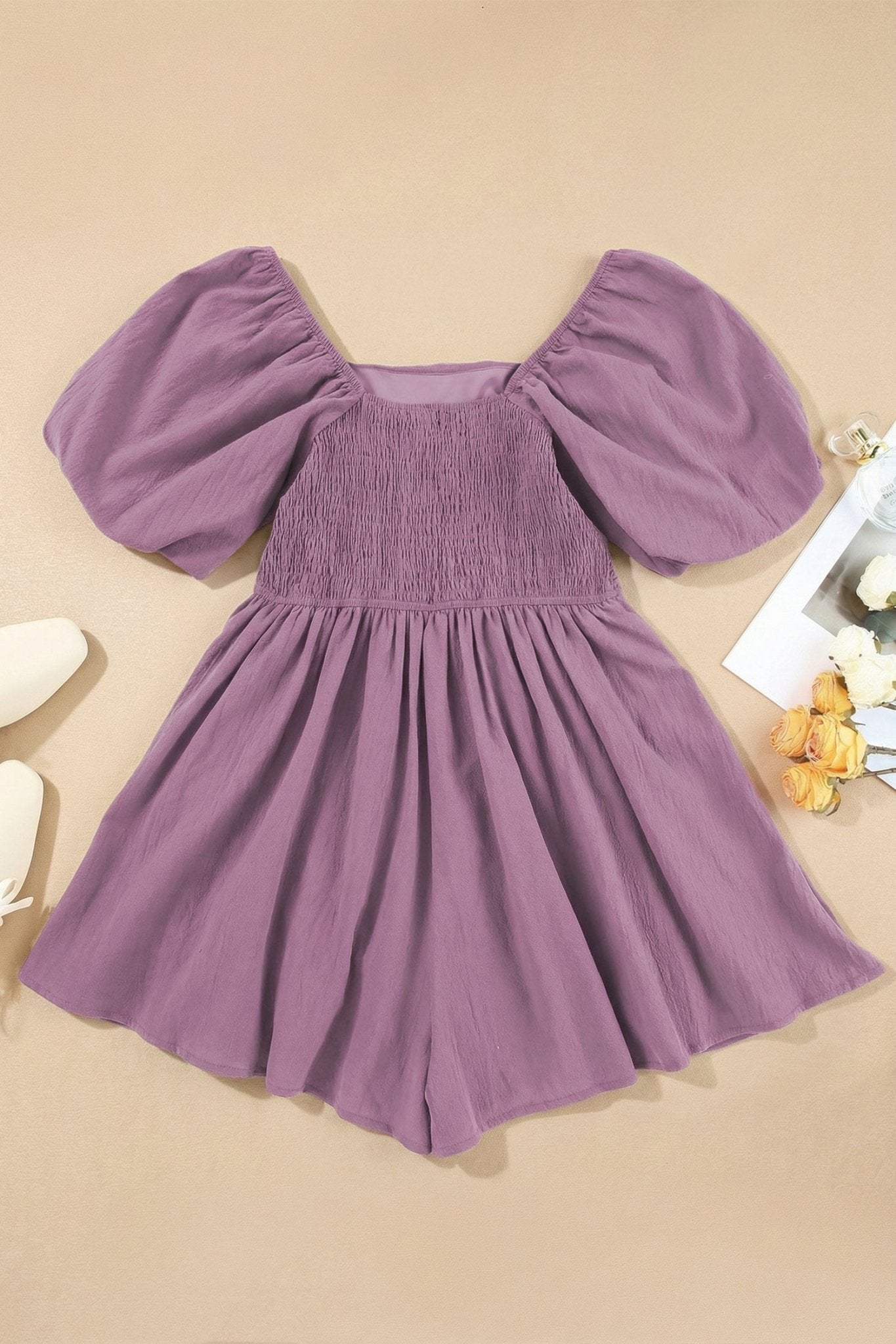 Solid Square Neck Ruched Puff Sleeve Romper - Rooted & Reckless Co.