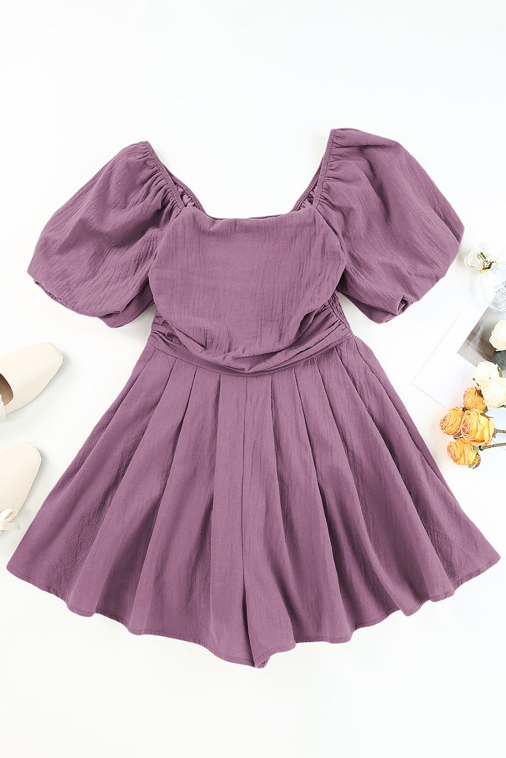 Solid Square Neck Ruched Puff Sleeve Romper - Rooted & Reckless Co.