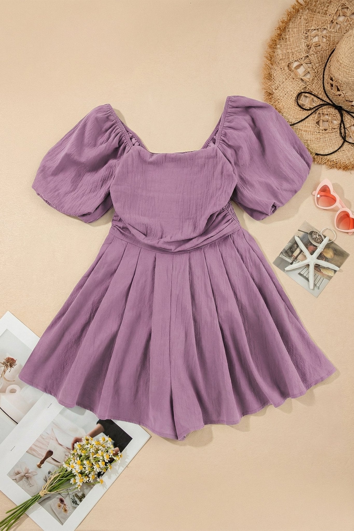 Solid Square Neck Ruched Puff Sleeve Romper - Rooted & Reckless Co.