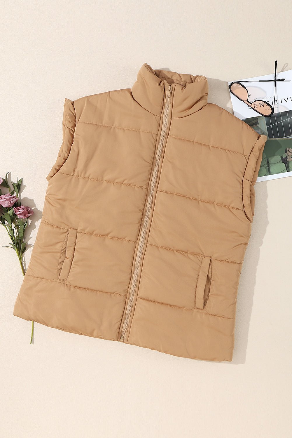 Solid Standing Collar Zip Up Oversized Puffer Vest - Rooted & Reckless Co.