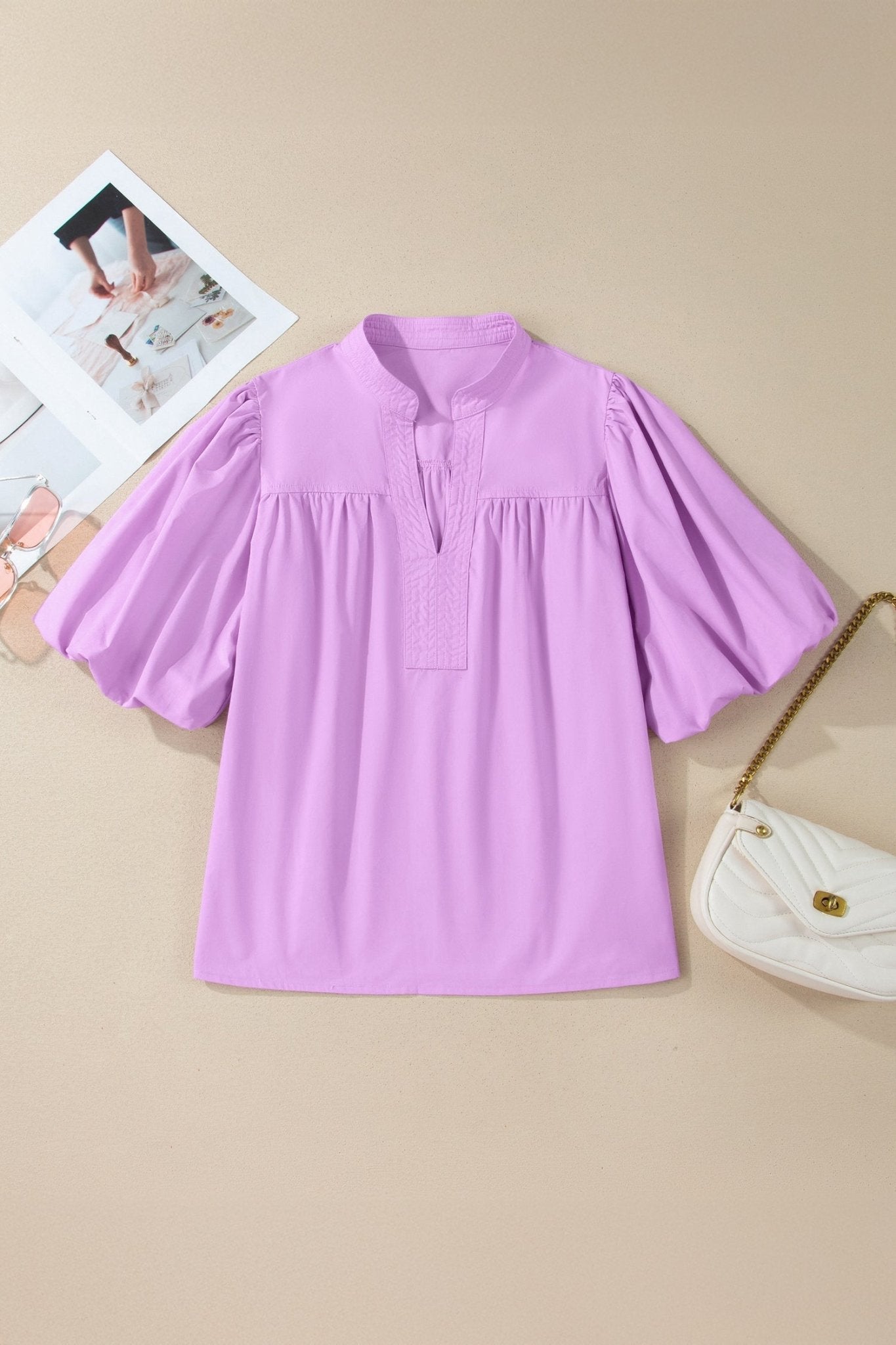 Solid Stitched V-Neck Short Puff Sleeve Blouse - Rooted & Reckless Co.