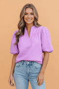 Solid Stitched V-Neck Short Puff Sleeve Blouse - Rooted & Reckless Co.