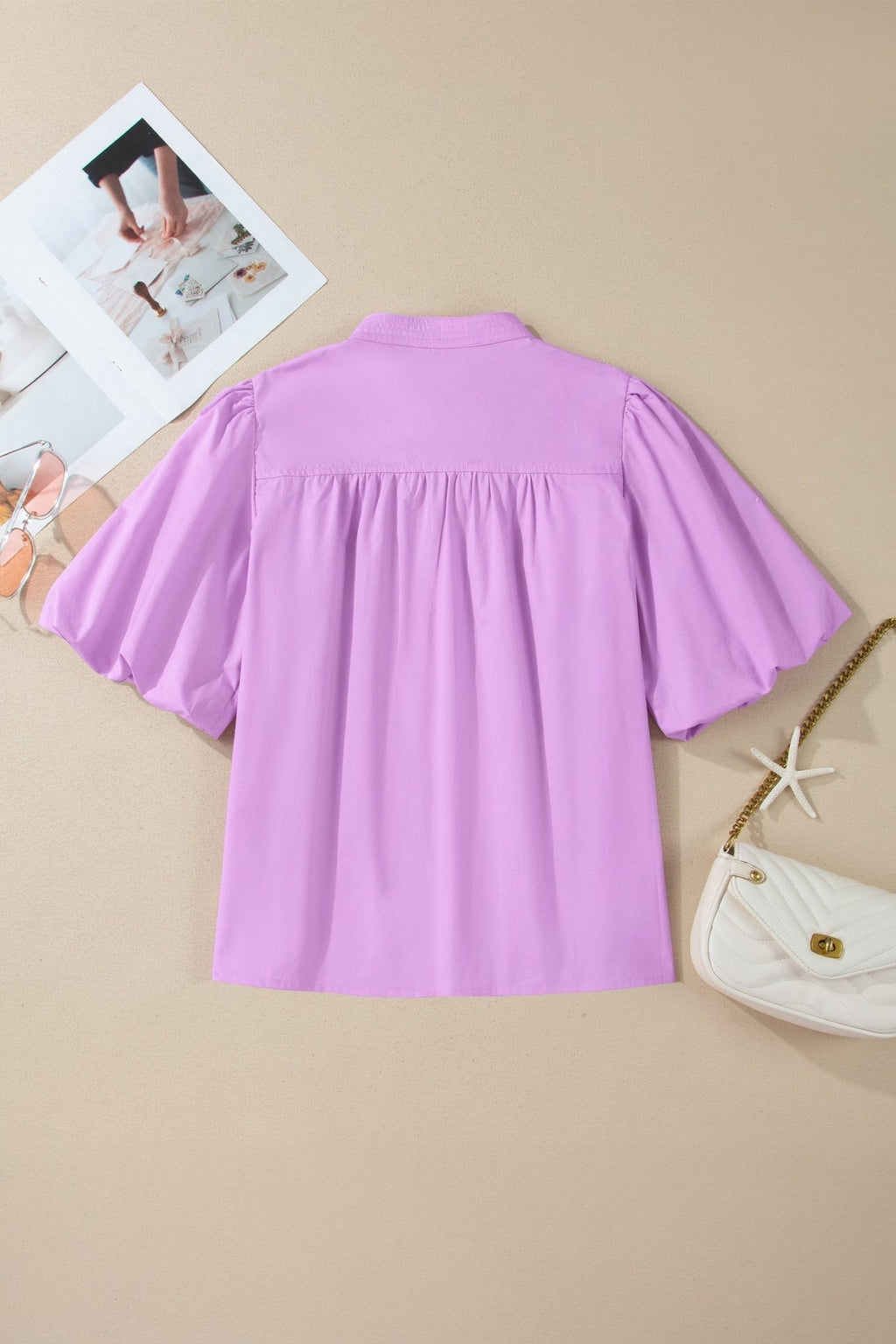 Solid Stitched V-Neck Short Puff Sleeve Blouse - Rooted & Reckless Co.