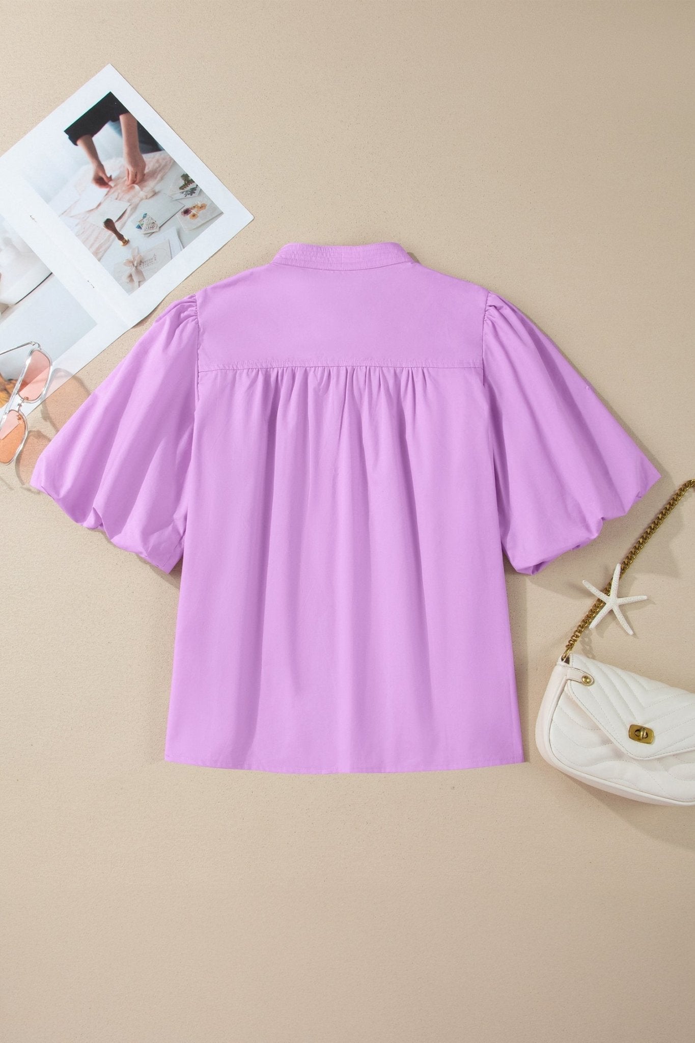 Solid Stitched V-Neck Short Puff Sleeve Blouse - Rooted & Reckless Co.