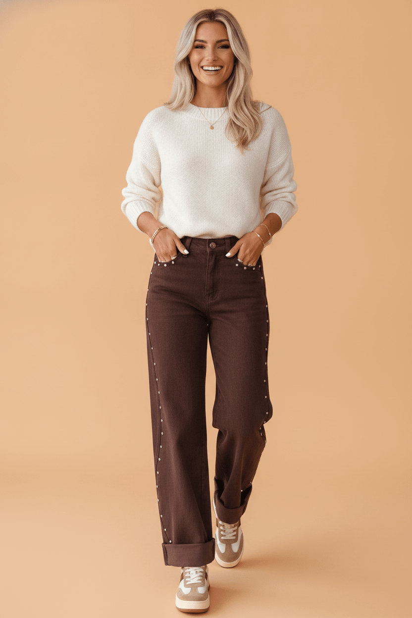 Solid Studded Side Seam Ankle Length Jeans - Rooted & Reckless Co.