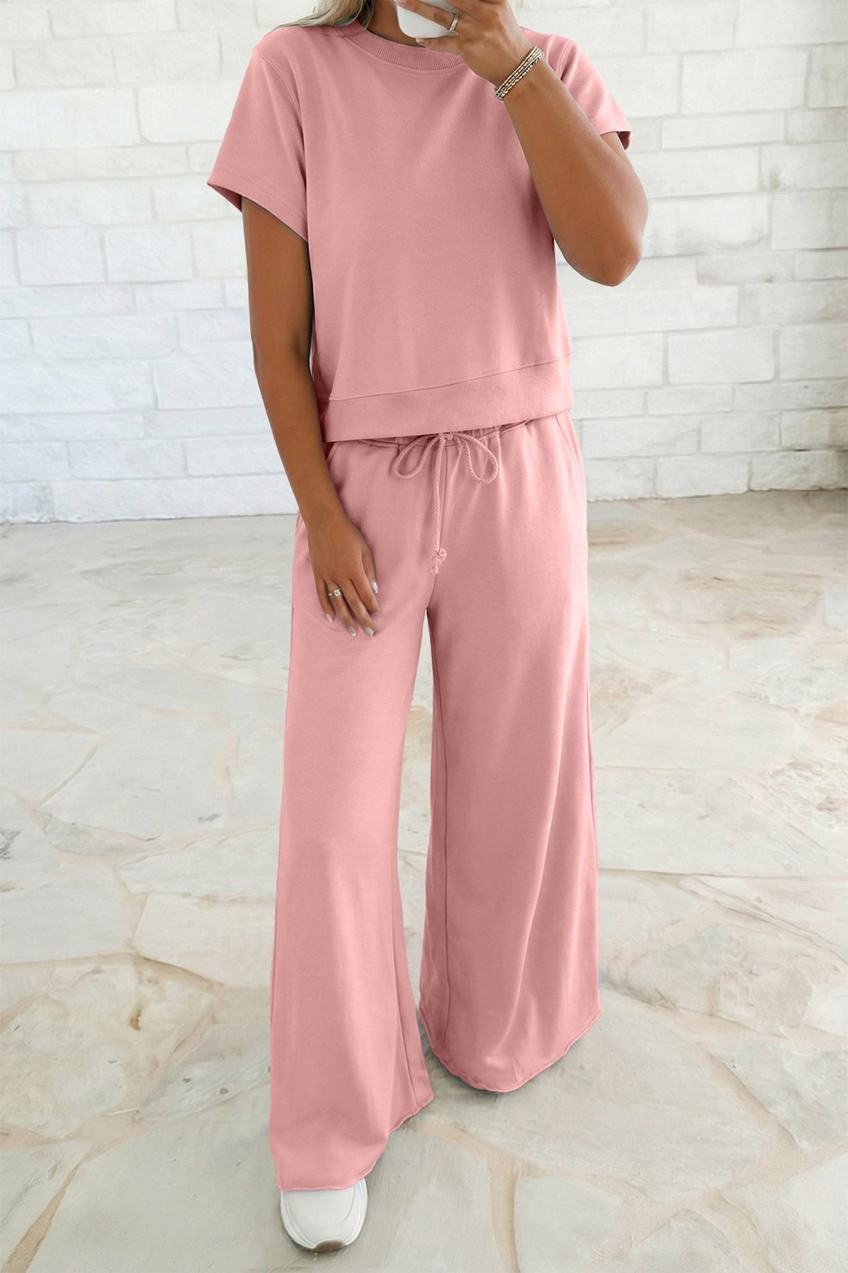 Solid Tee & Wide Leg Raw Hem Pants Set - Rooted & Reckless Co.